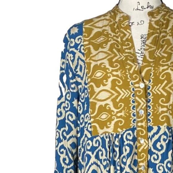 Venice 3 Stars Sz M Long-Sleeve Maxi Dress Soft Blue Gold V-Neck Blue Gold Boho - Picture 3 of 9